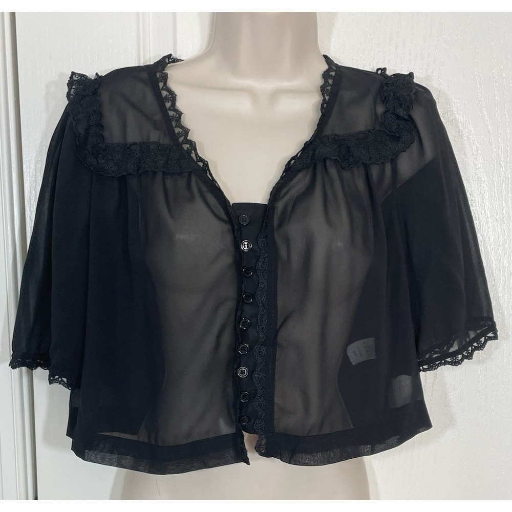 Sheer Lace Trim Whimsigoth Top Bed Jacket XS Black Dark Fairy Festival Coquette